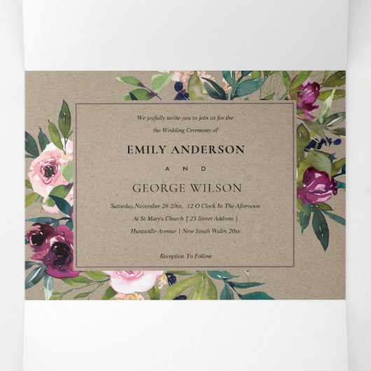 INVITATION TROIS VOLETS BRILLANT BURGUNDY KRAFT FLORAL BUNCH MARIAGE (Intérieur au milieu)