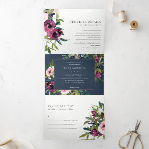 INVITATION TROIS VOLETS BRILLANT BURGUNDY VERT MARIAGE FLORAL BUNCH