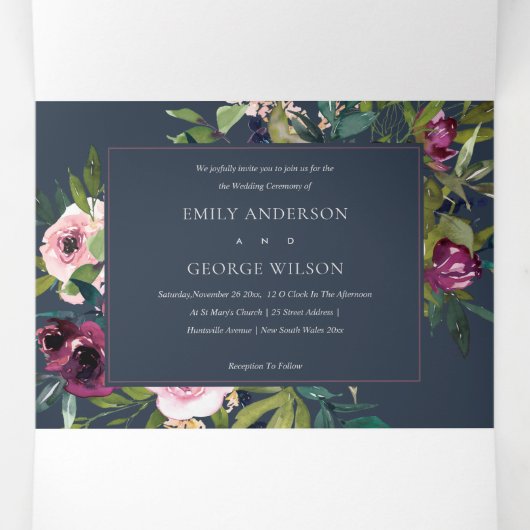 INVITATION TROIS VOLETS BRILLANT BURGUNDY VERT MARIAGE FLORAL BUNCH (Intérieur au milieu)