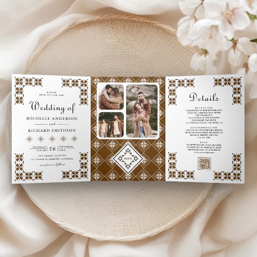 Invitation Trois Volets Brown Black Ukrainian Embroidery QR Code Wedding