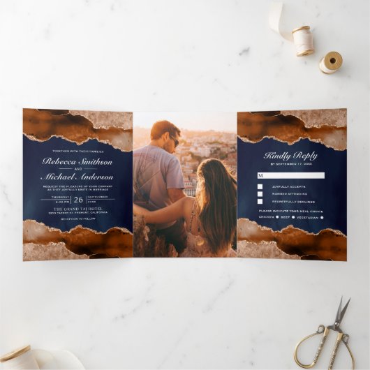 Invitation Trois Volets Brûlé Orange Terracotta Agate Marbre Mariage de ma (Intérieur)