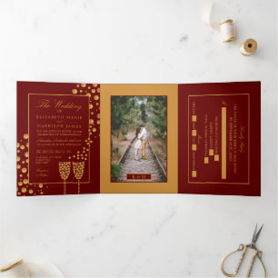 Invitation Trois Volets Bubbles Champagne Rouge et Or foncé, Suite Mariage