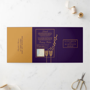 Invitation Trois Volets Bubbles Champagne Violet, Suite Mariage
