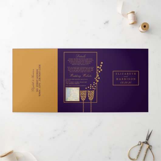 Invitation Trois Volets Bubbles Champagne Violet, Suite Mariage (Extérieur)