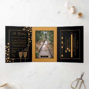 Invitation Trois Volets Bulles de Champagne Black & Gold, Suite Mariage