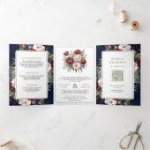 Invitation Trois Volets Burgundy Blush rose Floral Navy tout en un Mariage (Intérieur)