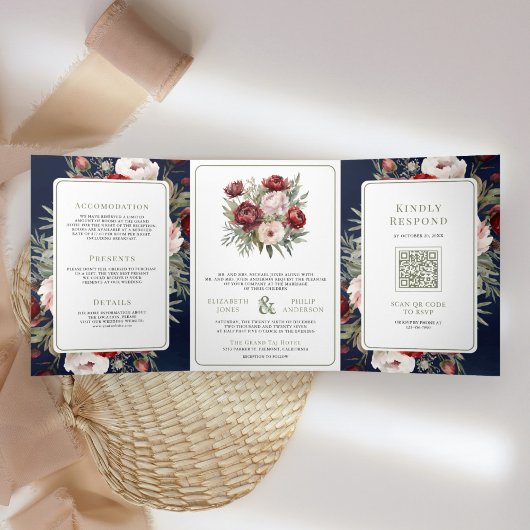 Invitation Trois Volets Burgundy Blush rose Floral Navy tout en un Mariage