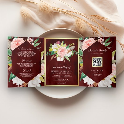 Invitation Trois Volets Burgundy Blush rose Floral Or QR Code Mariage