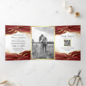 Invitation Trois Volets Burgundy Gold Abstrait Enk QR Code Mariage (Intérieur)
