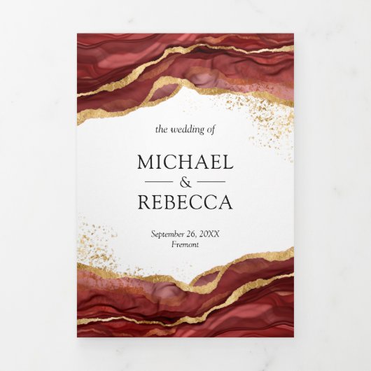 Invitation Trois Volets Burgundy Gold Abstrait Enk QR Code Mariage (Page de couverture)