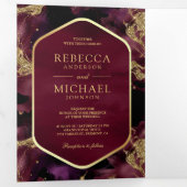 Invitation Trois Volets Burgundy Gold Abstrait Fluid Ink QR Code Mariage (Intérieur en premier)