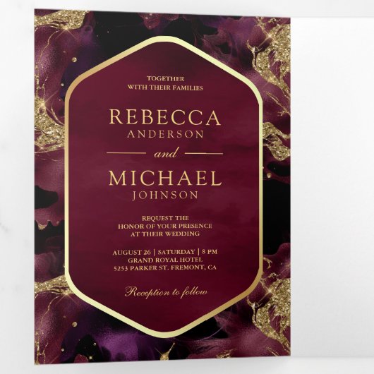 Invitation Trois Volets Burgundy Gold Abstrait Fluid Ink QR Code Mariage (Intérieur en premier)