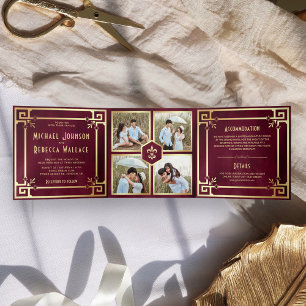 Invitation Trois Volets Burgundy Gold Art Déco Photo Collage Mariage