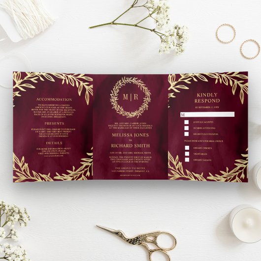 Invitation Trois Volets Burgundy Gold Leaf Branche tout en un Mariage