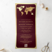 Invitation Trois Volets Burgundy Gold World Map QR Code Photo Wedding (Intérieur)