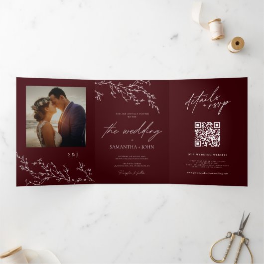 Invitation Trois Volets Burgundy & Ivory Botanical Elegant Wedding (Intérieur)