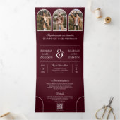 Invitation Trois Volets Burgundy Minimal Arch Photo QR code Wedding (Intérieur)