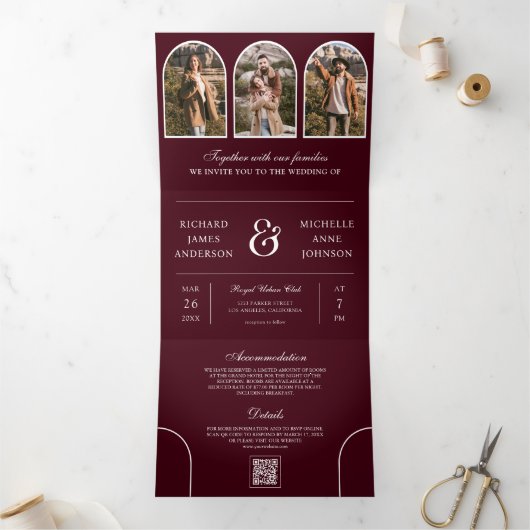 Invitation Trois Volets Burgundy Minimal Arch Photo QR code Wedding (Intérieur)