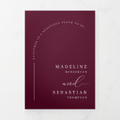 Invitation Trois Volets Burgundy moderne Boho Arch Photo QR Code Mariage (Page de couverture)