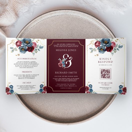 Invitation Trois Volets Burgundy Navy Floral Ampersand QR Code Wedding