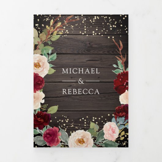 Invitation Trois Volets Burgundy Pêche Floral QR Code Grange Mariage en bo (Page de couverture)