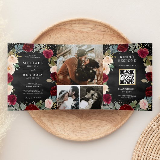 Invitation Trois Volets Burgundy Pêche Floral QR Code noir Mariage