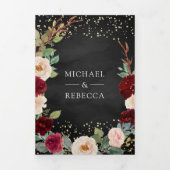 Invitation Trois Volets Burgundy Pêche Floral QR Code noir Mariage (Page de couverture)