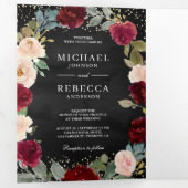 Invitation Trois Volets Burgundy Pêche Floral QR Code noir Mariage (Intérieur en premier)