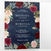 Invitation Trois Volets Burgundy Pêcher Floral QR Code Marine Mariage bleu (Intérieur en premier)