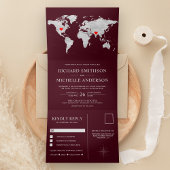 Invitation Trois Volets Burgundy Silver World Map All in One Wedding