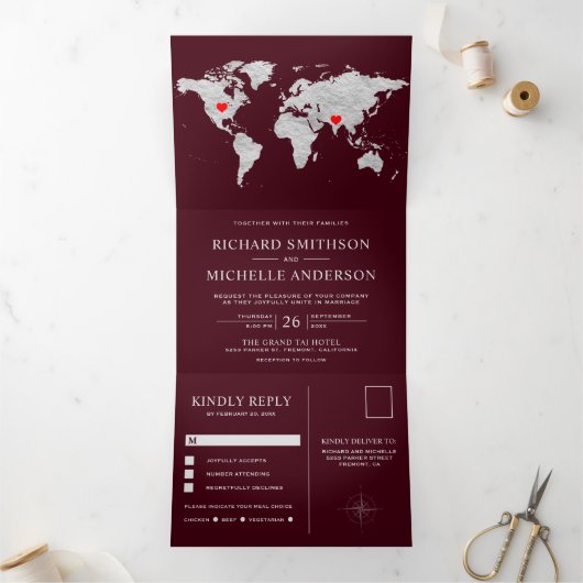 Invitation Trois Volets Burgundy Silver World Map All in One Wedding (Intérieur)