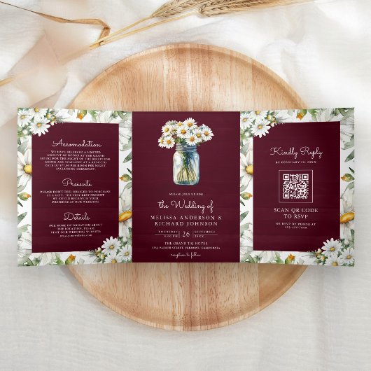 Invitation Trois Volets Burgundy Wood Daisies Mason Jar QR Code Wedding