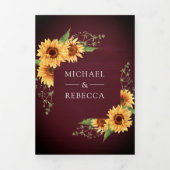 Invitation Trois Volets Burgundy Wood Sunflower Photo Arch QR Code Mariage (Page de couverture)