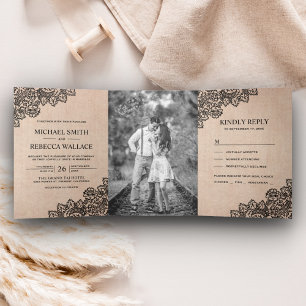 Invitation Trois Volets Burlap rustique et Mariage de dentelle noire