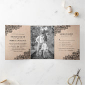 Invitation Trois Volets Burlap rustique et Mariage de dentelle noire (Intérieur)