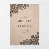 Invitation Trois Volets Burlap rustique et Mariage de dentelle noire (Page de couverture)