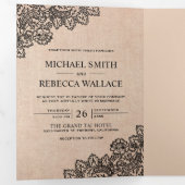 Invitation Trois Volets Burlap rustique et Mariage de dentelle noire (Intérieur en premier)