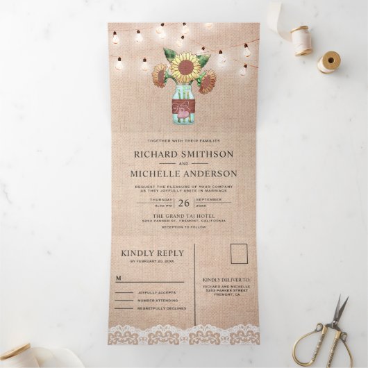 Invitation Trois Volets Burlap Sunflower Mason Jar String Mariage (Intérieur)