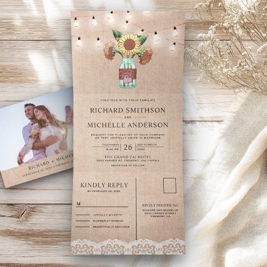 Invitation Trois Volets Burlap Sunflower Mason Jar String Mariage