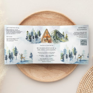 Invitation Trois Volets Cabine A-cadre montagne forêt code QR mariage