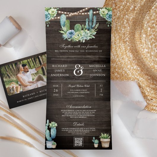 Invitation Trois Volets Cactus de verdure succulente Code QR Mariage