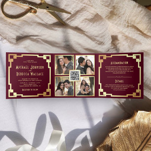 Invitation Trois Volets Cadre Art Déco Bourgogne Gold QR Code Mariage
