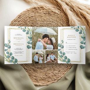 Invitation Trois Volets Cadre doré Collage photo de feuilles d'eucalyptus