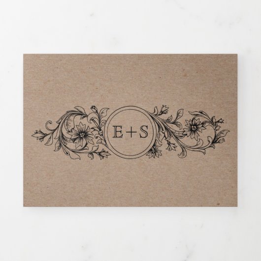 Invitation Trois Volets Cadre fleuri en carton Kraft avec initiales mariag (Page de couverture)