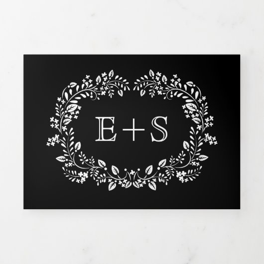 Invitation Trois Volets Cadre floral noir et blanc avec mariage des initia (Page de couverture)