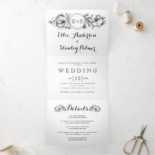Invitation Trois Volets Cadre floral noir et blanc avec mariage des initia