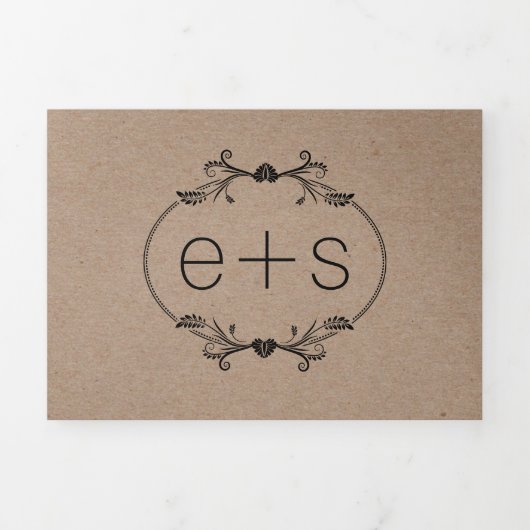 Invitation Trois Volets Cadre noir, initiales monogramme mariage papier kr (Page de couverture)