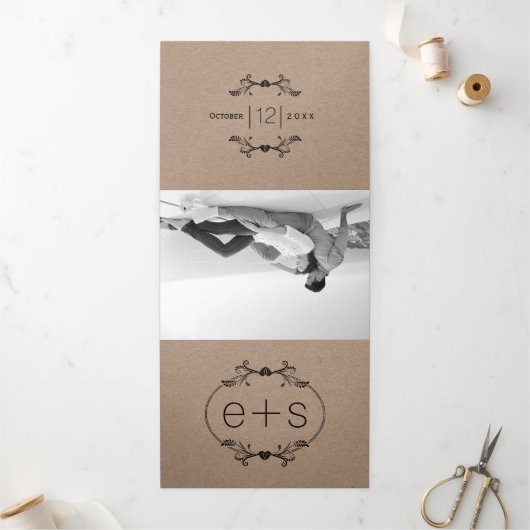 Invitation Trois Volets Cadre noir, initiales monogramme mariage papier kr (Extérieur)