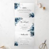 Invitation Trois Volets Calligraphie Marine Blue Floral Mariage (Intérieur)