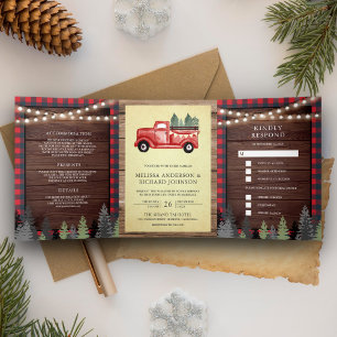 Invitation Trois Volets Camion de Noël Rouge Bois Rustique Mariage Vintage